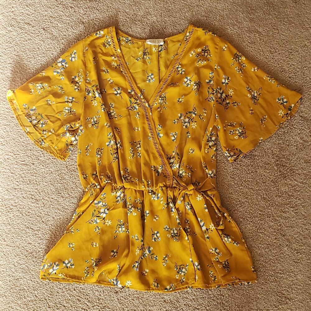 Faux Tunic Tie Flowy Short Sleeve Blouse Mustard Yellow Floral